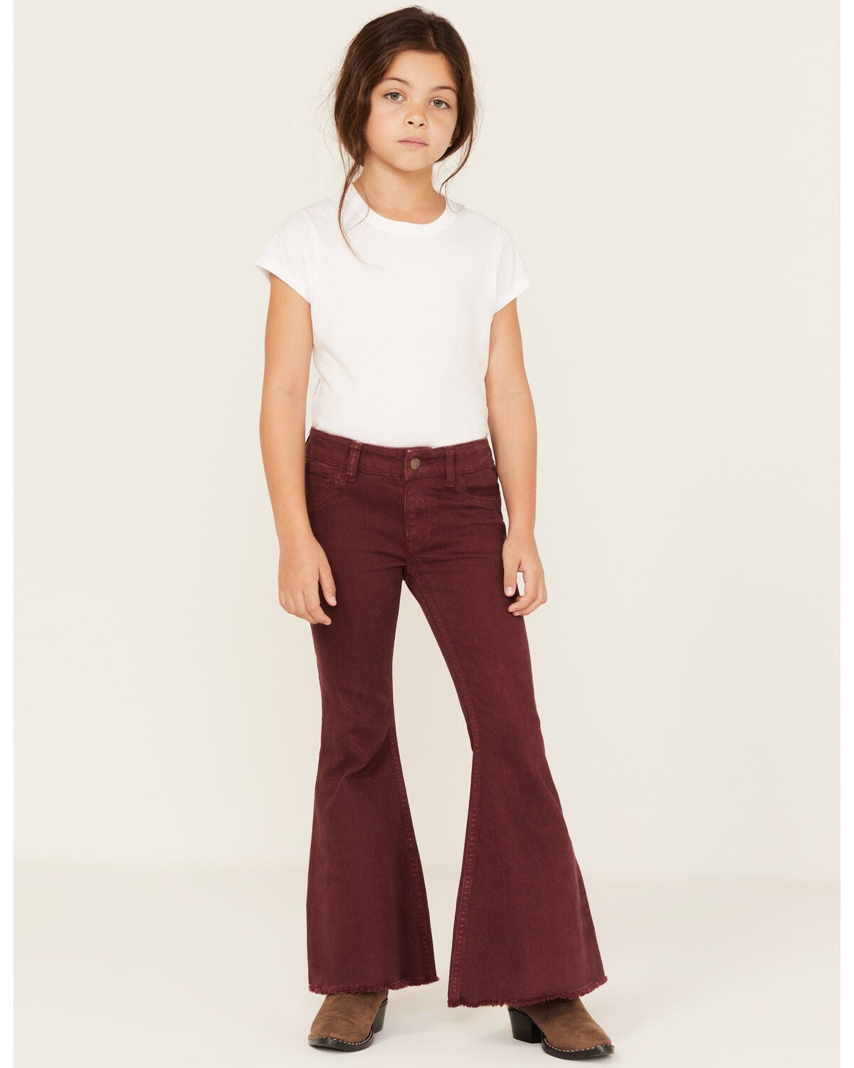 Shyanne Little Girls' Super Flare Raw Hem Jeans, Burgundy, hi-res