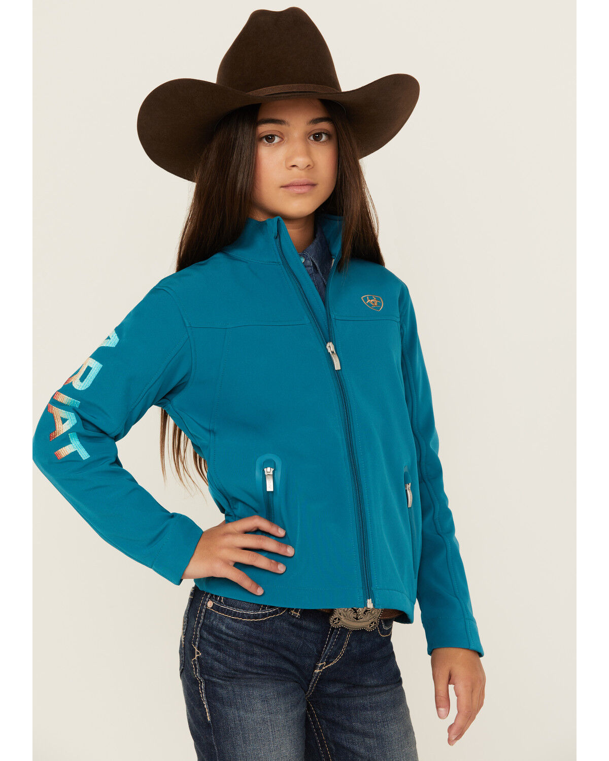 Image #2 - Ariat Girls' Lined Softshell Jacket, Blue, hi-res