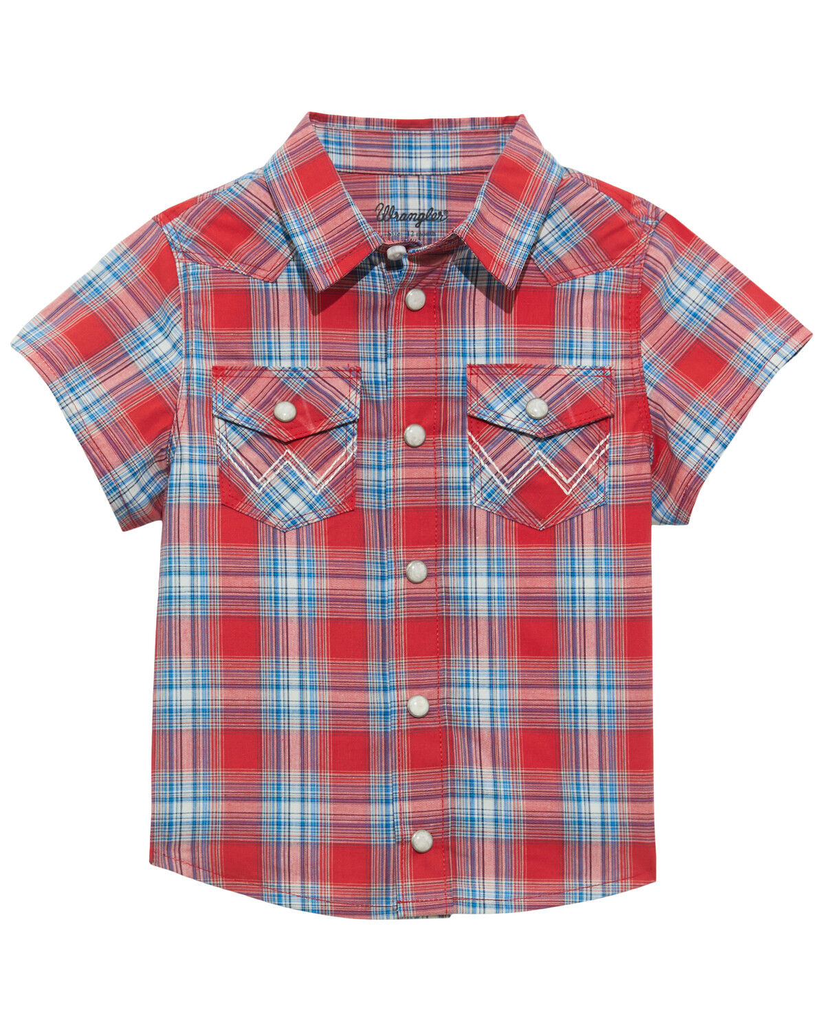 Image #1 - Wrangler Toddler Boys' Plaid Print Short Sleeve Snap Western Shirt, Red, hi-res