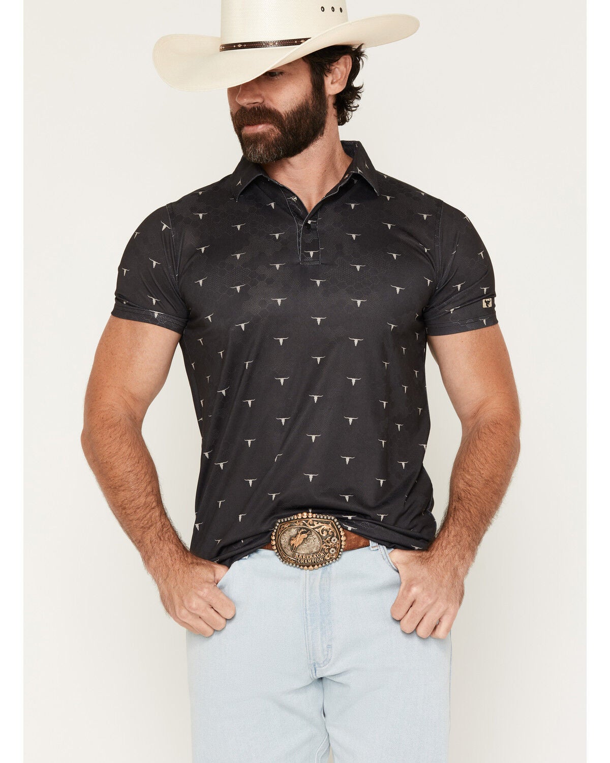 Image #1 - Cowboy Hardware Men's Skull Scatter Short Sleeve Snap Polo, Black, hi-res