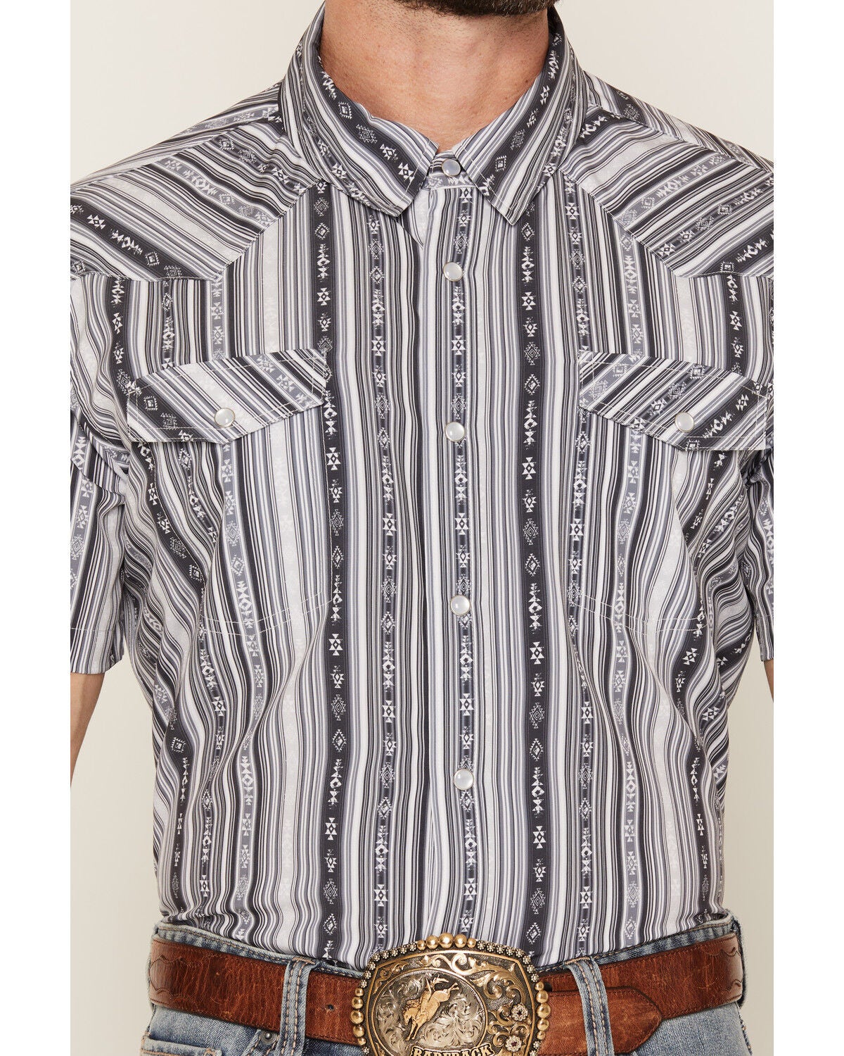 Image #3 - Panhandle Slim Men's Southwestern Striped Short Sleeve Pearl Snap Performance Western Shirt, Black, hi-res