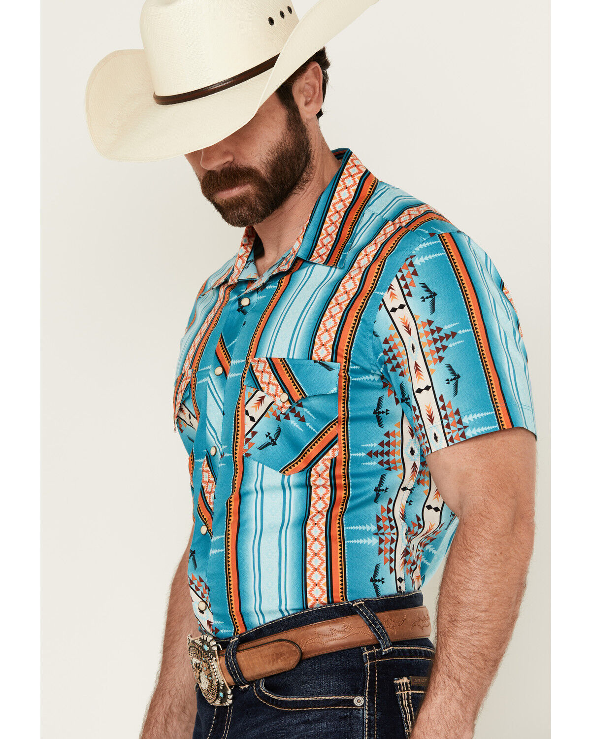 Image #2 - Rock & Roll Denim Men's Southwestern Striped Short Sleeve Snap Stretch Western Shirt, Turquoise, hi-res