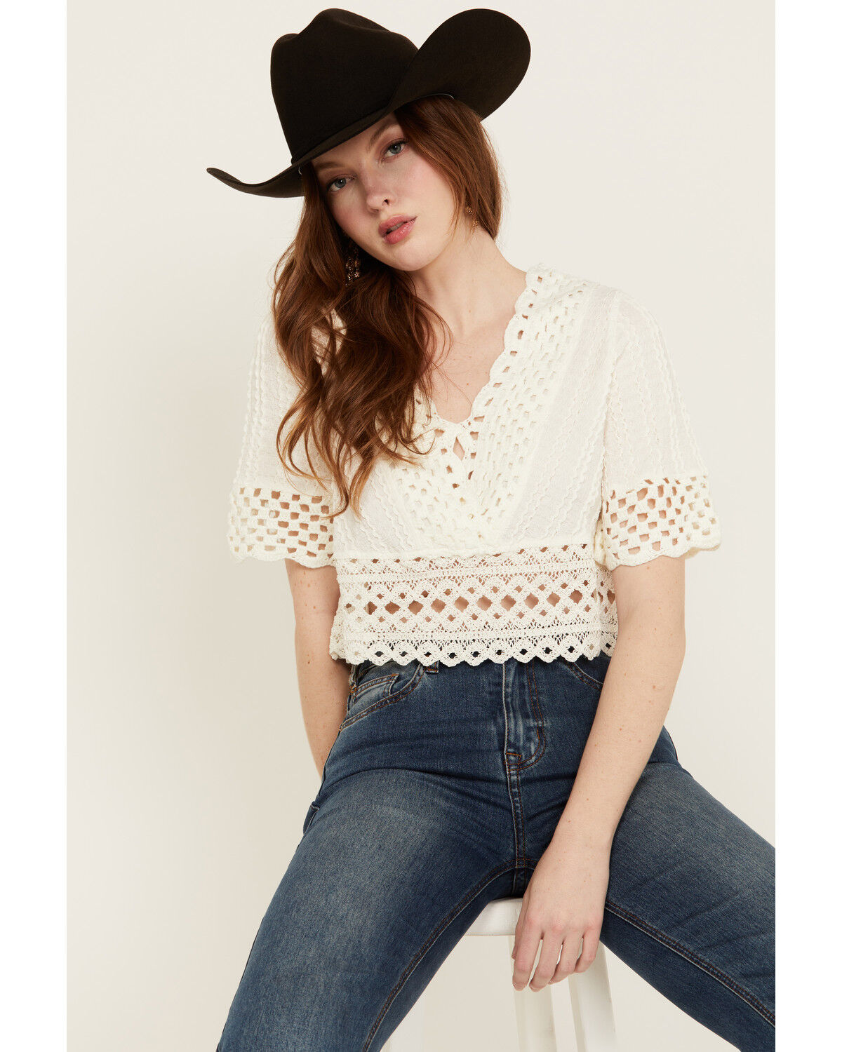 Image #1 - Miss Me Women's Crochet Hem Short Sleeve Blouse, White, hi-res
