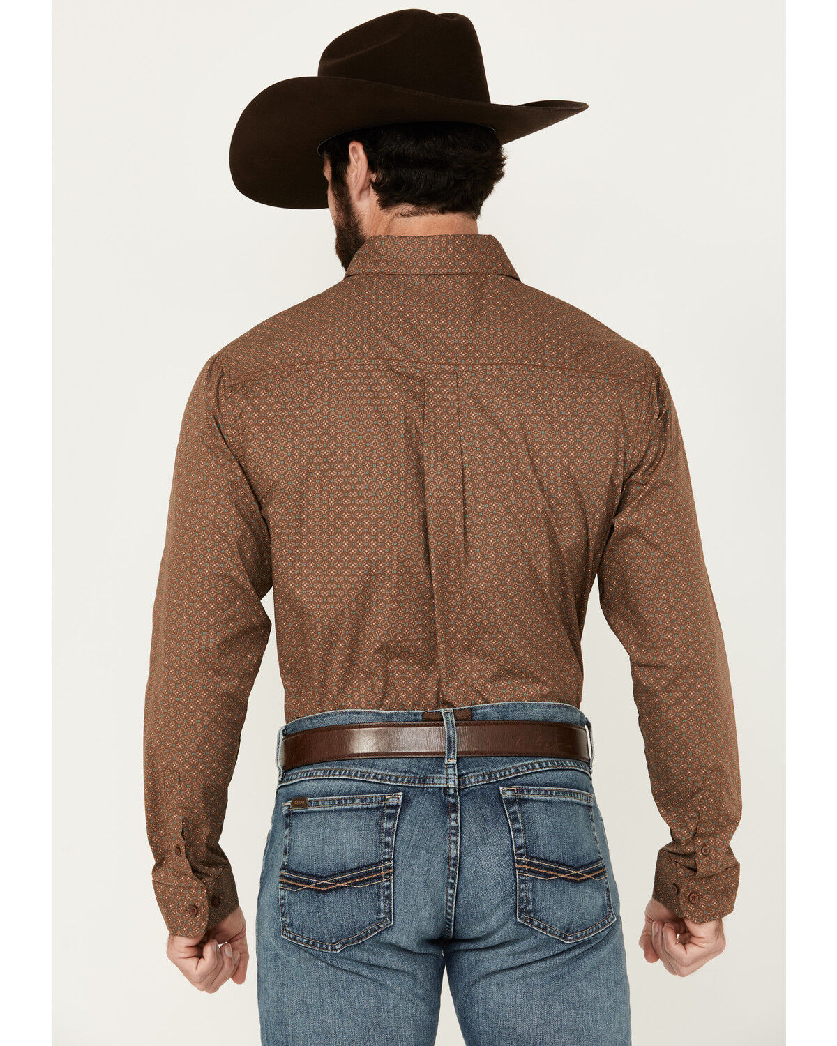 Image #4 - Justin Men's Boot Barn Exclusive Geo Print Long Sleeve Button-Down Western Shirt, Brown, hi-res