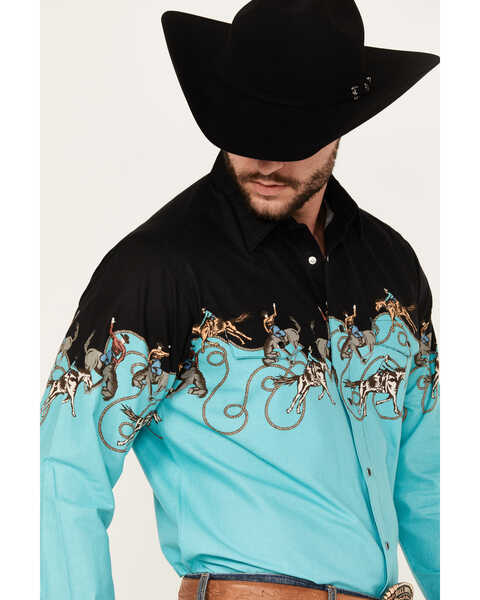 Panhandle Men's Cowboy Border Print Long Sleeve Snap Western Shirt, Turquoise, hi-res