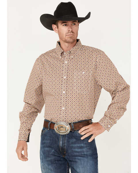 Image #1 - RANK 45® Men's Stirrup Geo Print Long Sleeve Western Button-Down Shirt , Light Red, hi-res