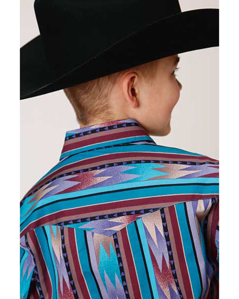 Roper Boys' Vertical Southwestern Print Snap Western Shirt, Purple, hi-res