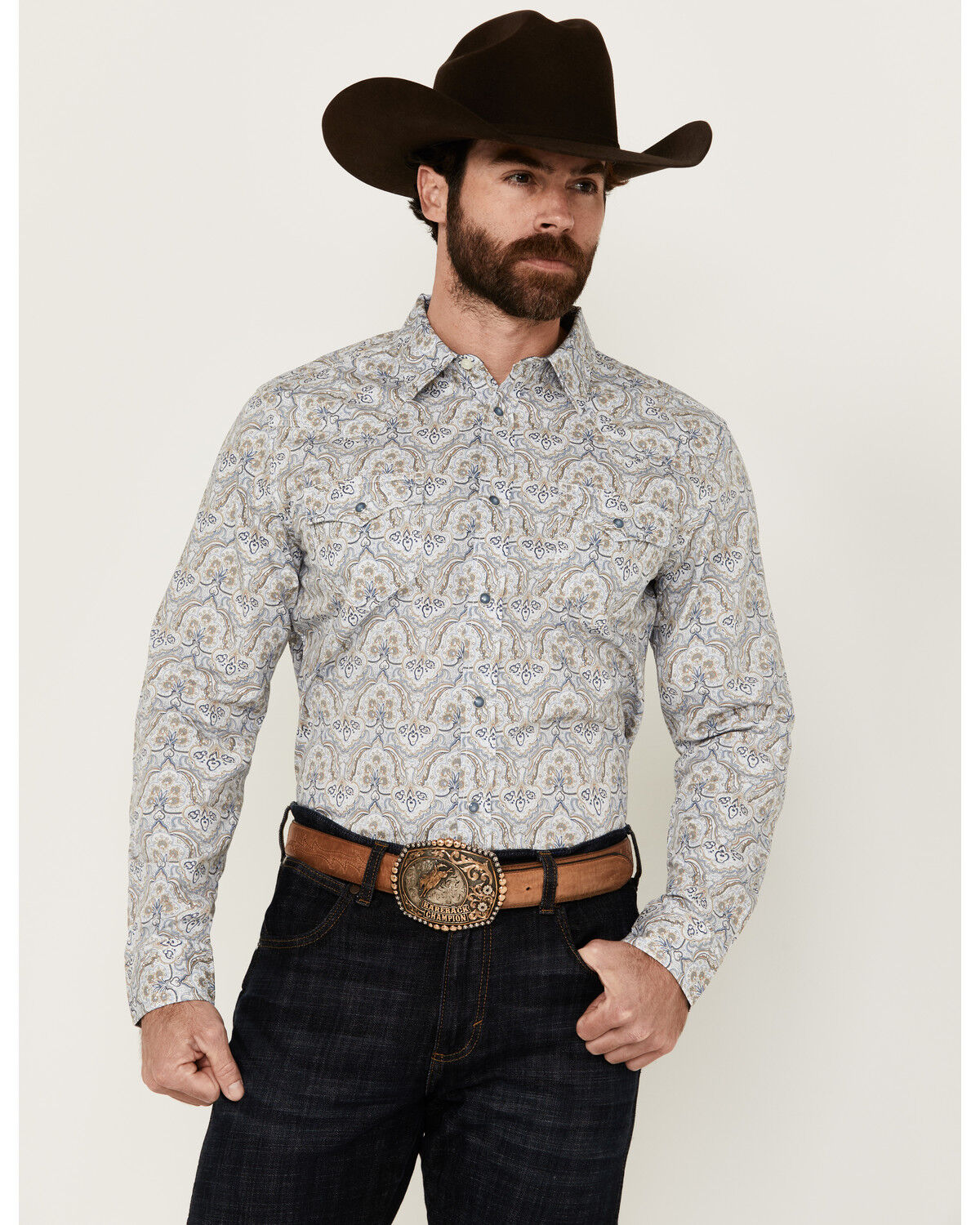 Image #1 - Cody James Men's Railroad Paisley Print Long Sleeve Snap Western Shirt, Cream, hi-res