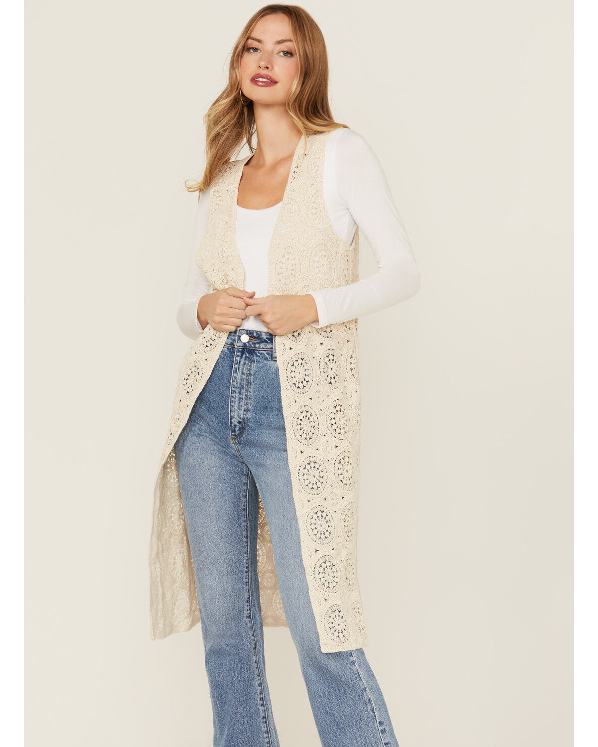 Image #1 - Miss Me Women's Long Vest, Cream, hi-res
