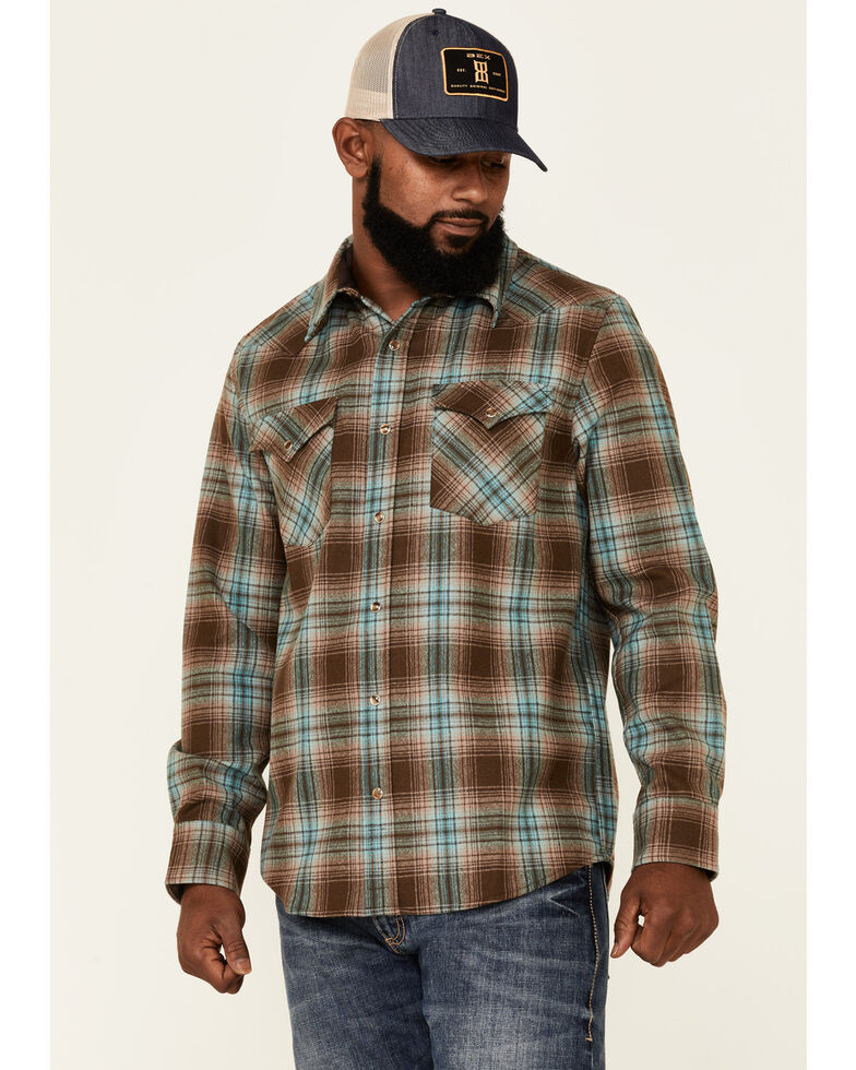 Pendleton Men's Brown & Green Canyon Large Plaid Long Sleeve Snap Western Flannel Shirt , Brown, hi-res