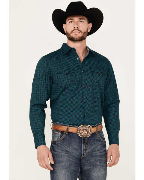 Rodeo Clothing Men's Geo Print Long Sleeve Snap Western Shirt, Turquoise, hi-res