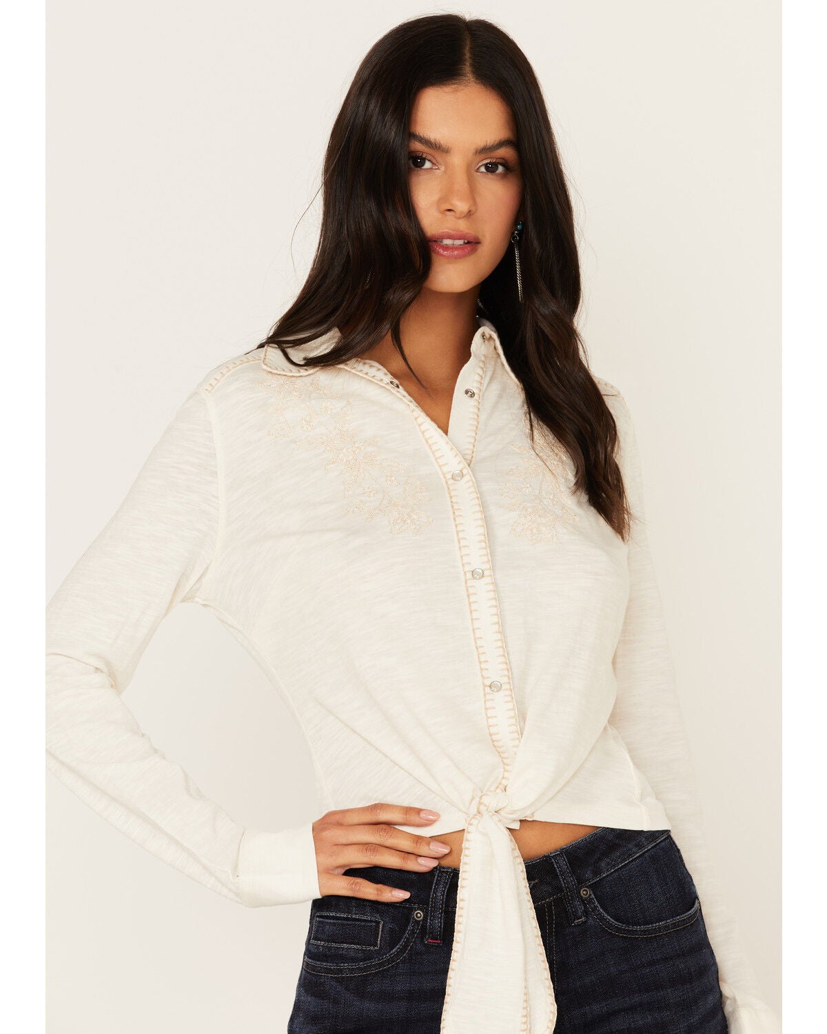 Idyllwind Women's Embroidered Tie Front Knit Long Sleeve Western Pearl Snap Shirt, Ivory, hi-res
