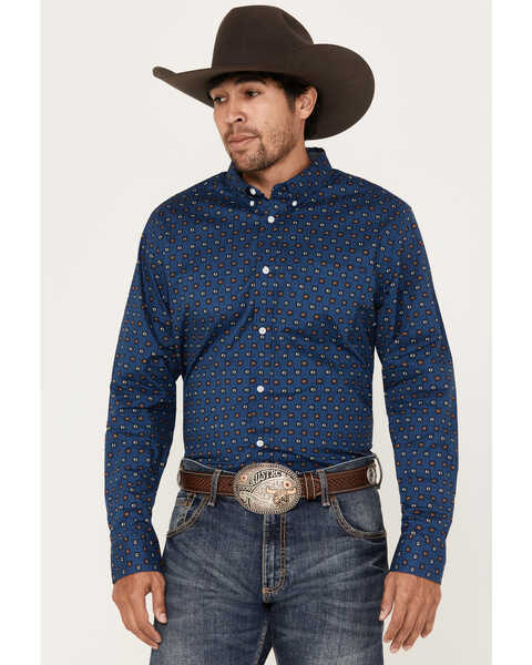 Image #1 - Cody James Men's 2nd Round Geo Print Long Sleeve Button Down Western Shirt - Tall, Dark Blue, hi-res