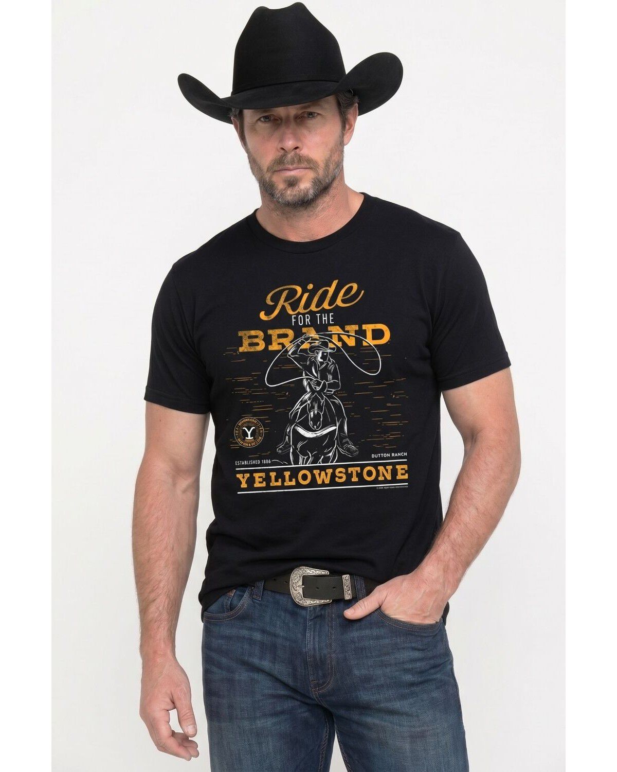 Americana Men's Yellowstone Ride For The Brand Short Sleeve Graphic T-Shirt, Black, hi-res