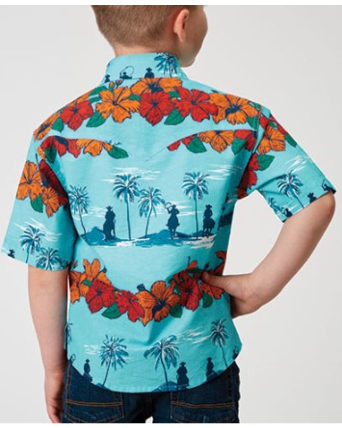 Image #2 - Roper Boys' Cowboy Floral Print Short Sleeve Snap Western Shirt, Blue, hi-res
