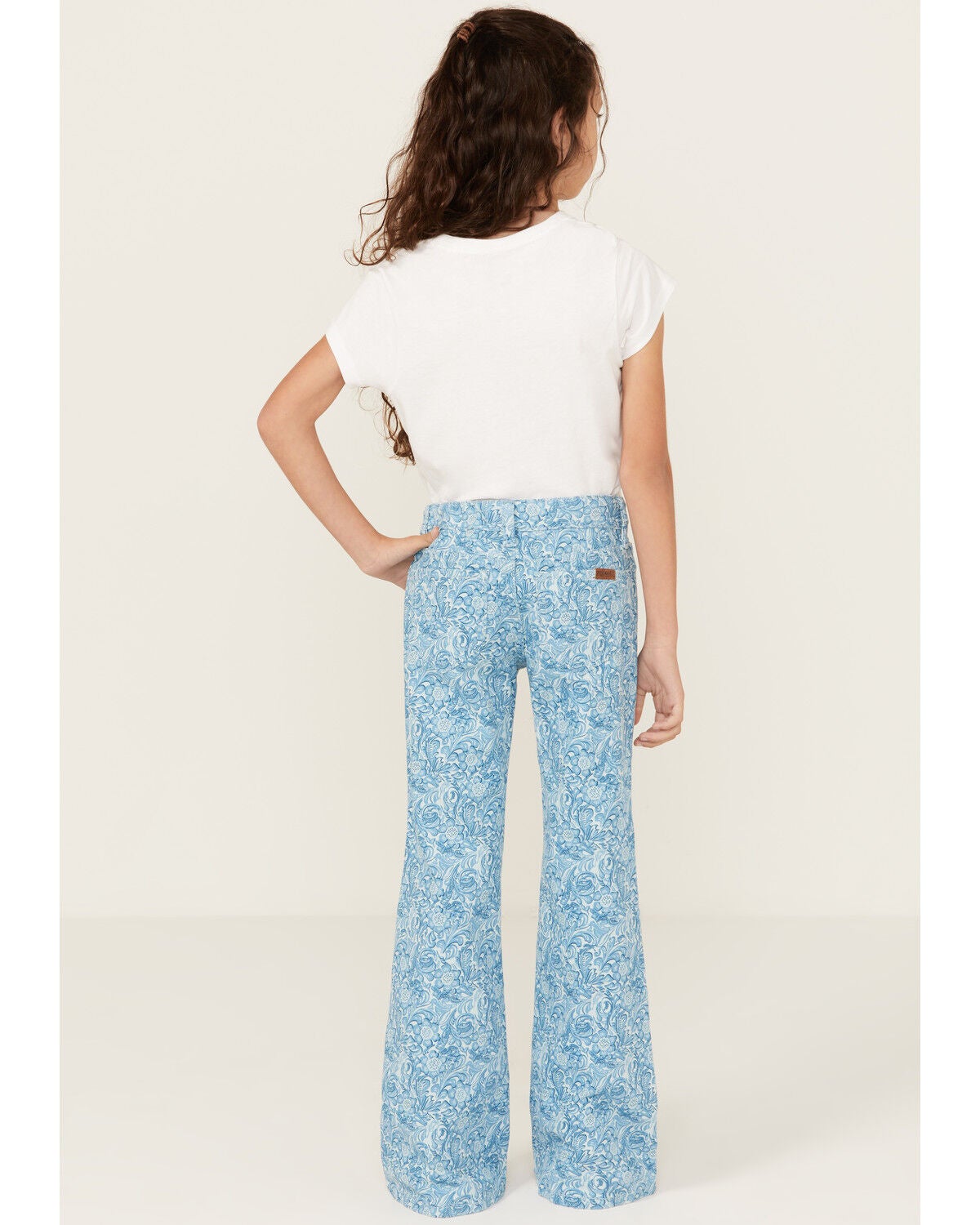 Image #3 - Panhandle Girls' Tooled Button Flare Stretch Denim Jeans, Blue, hi-res