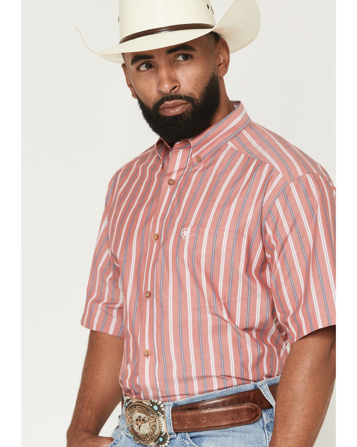 Image #2 - Ariat Men's Pro Series Bobby Striped Print Short Sleeve Button-Down Western Shirt, Red, hi-res