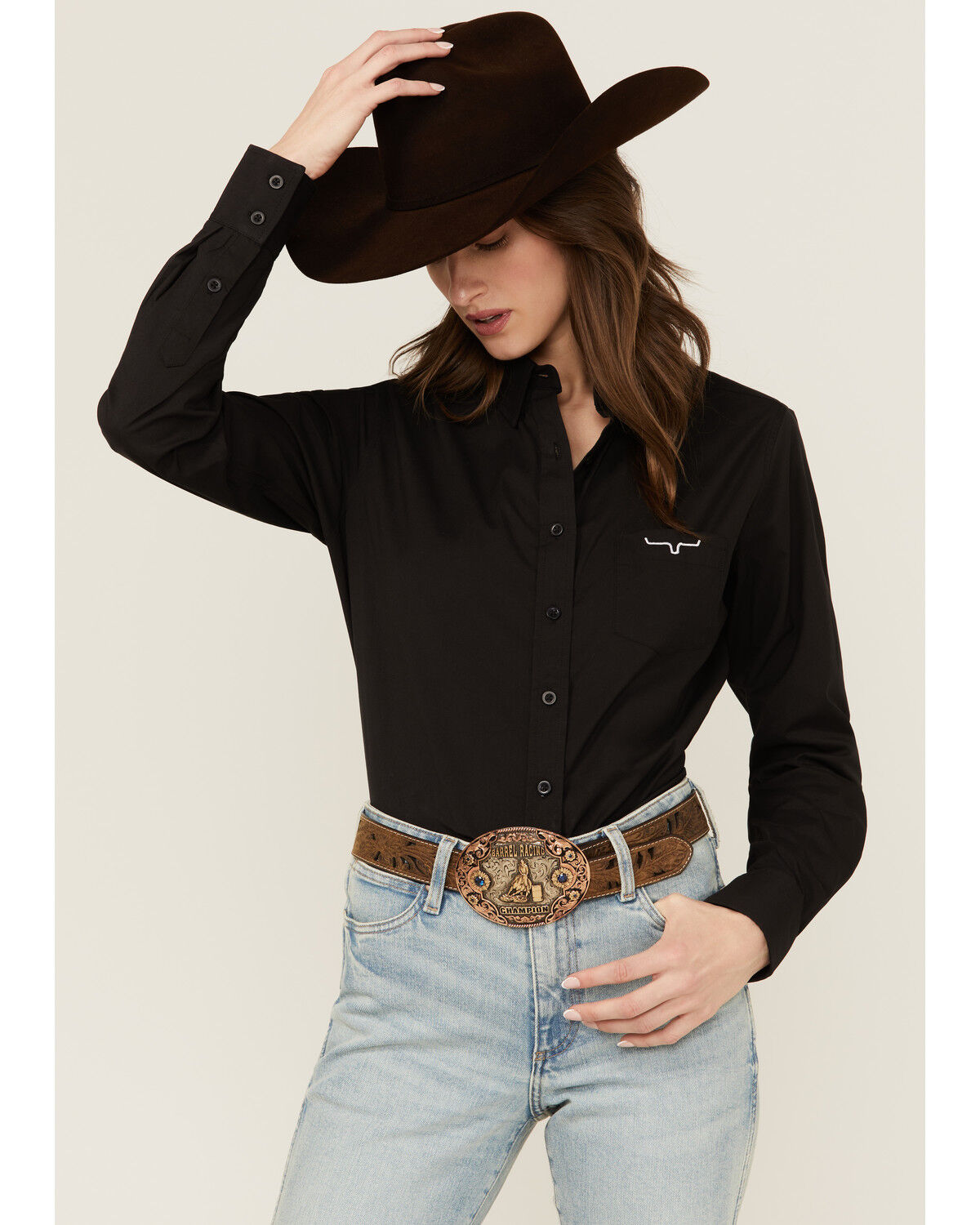 Image #1 - Kimes Ranch Women's Logo Long Sleeve Button-Down Western Shirt, Black, hi-res