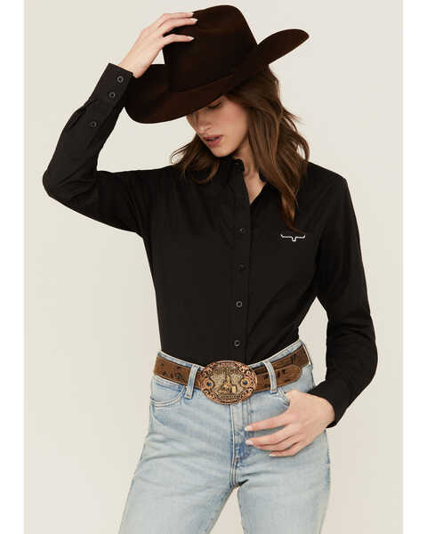 Kimes Ranch Women's Logo Long Sleeve Button-Down Western Shirt , Black, hi-res