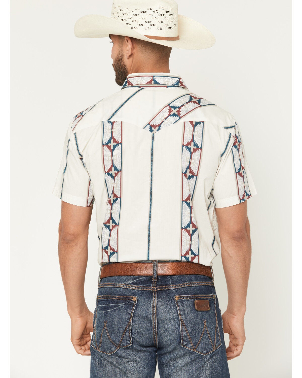 Image #4 - Panhandle Men's Southwestern Stripe Print Short Sleeve Snap Western Shirt, Cream, hi-res