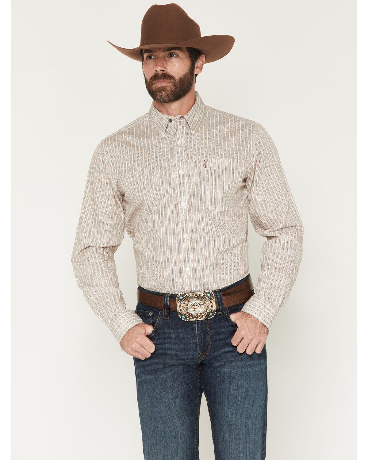 Image #1 - Cinch Men's Modern Fit Striped Long Sleeve Button-Down Western Shirt, Cream, hi-res
