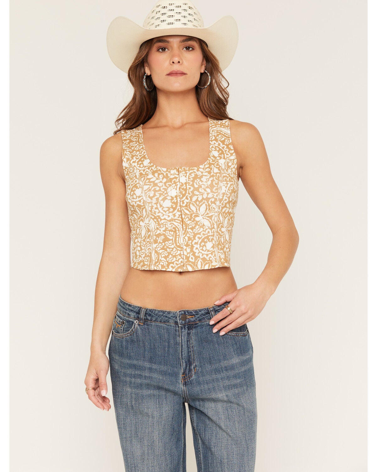 Shyanne Women's Reyna Paisley Print Corset Top, Taupe, hi-res