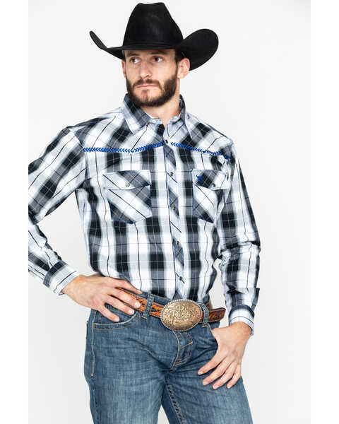 Image #1 - Cowboy Hardware Men's Block Plaid Print Long Sleeve Snap Western Shirt , Black, hi-res