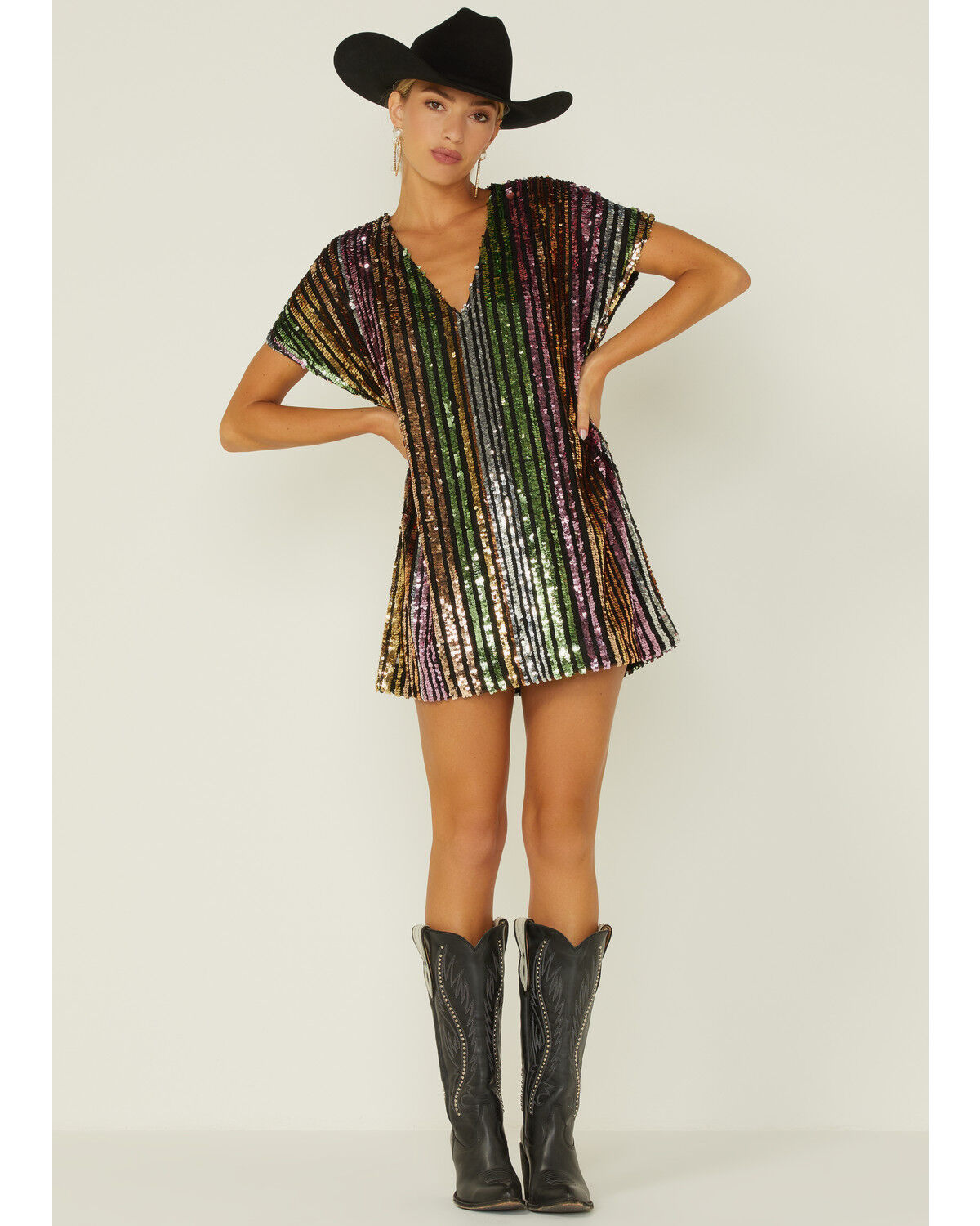 Image #1 - By Together Women's Rainbow Striped Short Sleeve Sequins T-Shirt Dress, , hi-res