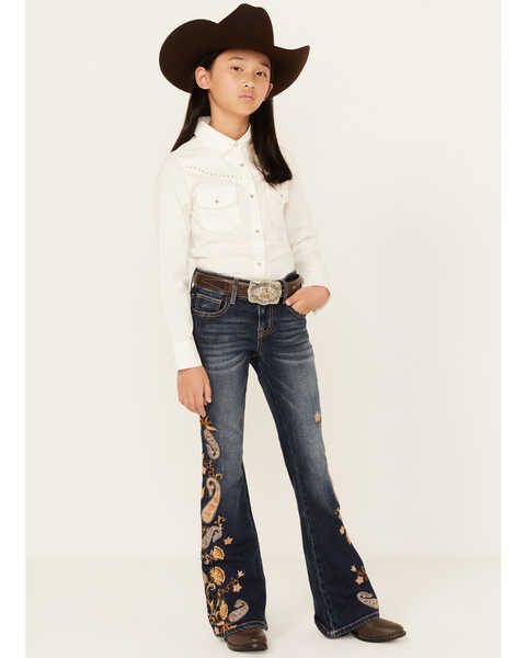 Grace In LA Girls' Medium Wash Mid Rise Paisley Embroidered Flare Jeans, Medium Wash, hi-res