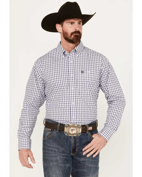 Image #1 - George Strait by Wrangler Men's Plaid Long Sleeve Button Down Western Shirt, Pink, hi-res