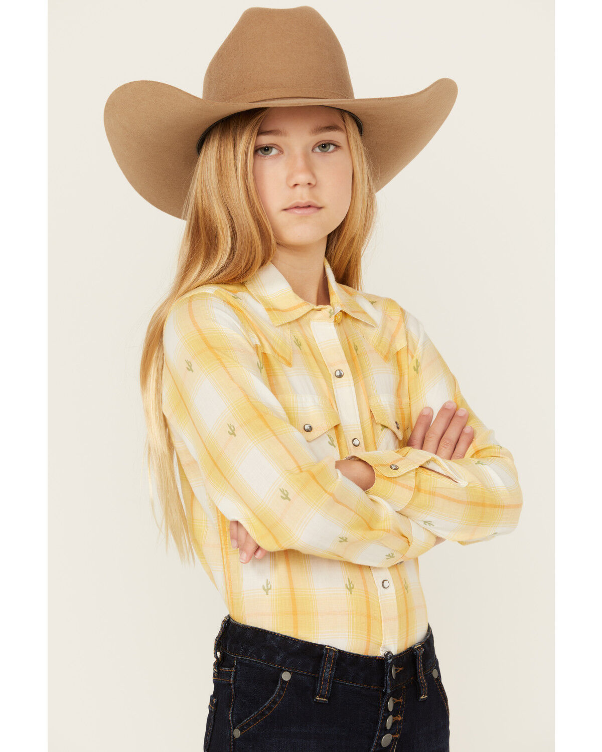 Image #2 - Ariat Girls' Glenrock Cactus Plaid Print Long Sleeve Rhinestone Snap Western Shirt, Yellow, hi-res