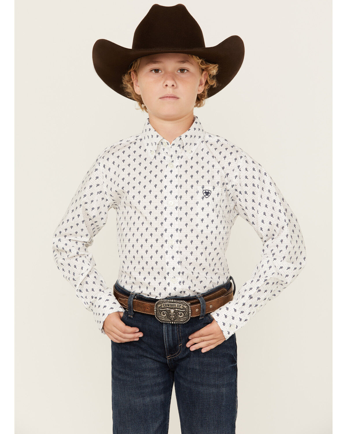 Image #1 - Ariat Boys' Parker Cactus Print Long Sleeve Button-Down Western Shirt, White, hi-res
