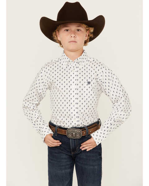 Image #1 - Ariat Boys' Parker Cactus Print Long Sleeve Button-Down Western Shirt , White, hi-res