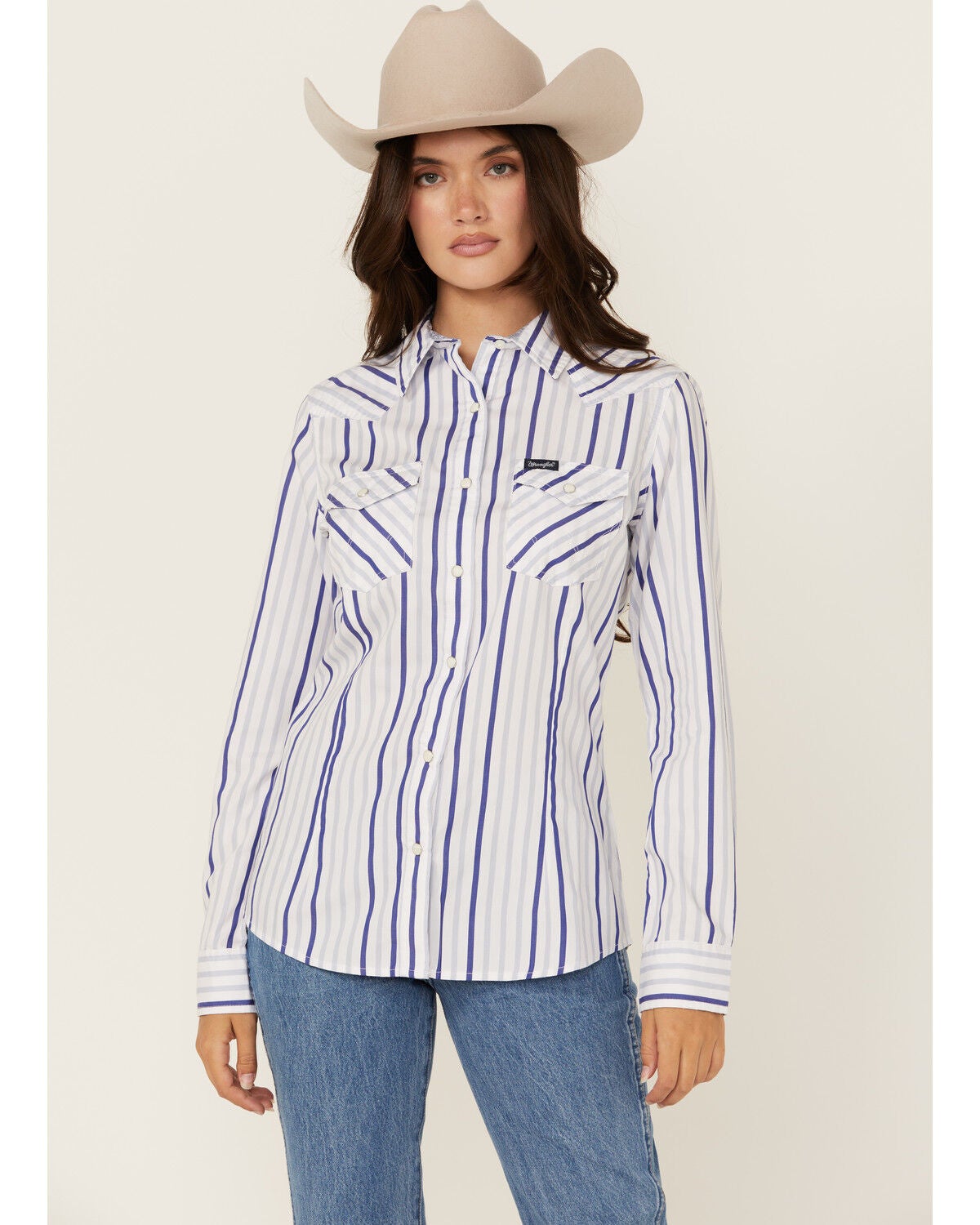 Wrangler Retro Women's Striped Print Long Sleeve Snap Western Shirt, Blue, hi-res