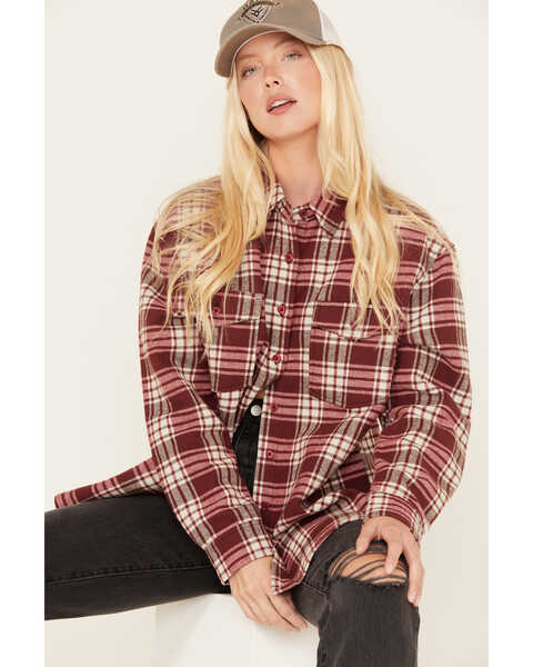 Cleo + Wolf Women's Plaid Print Long Sleeve Button-Down Oversized Shacket, Ruby, hi-res