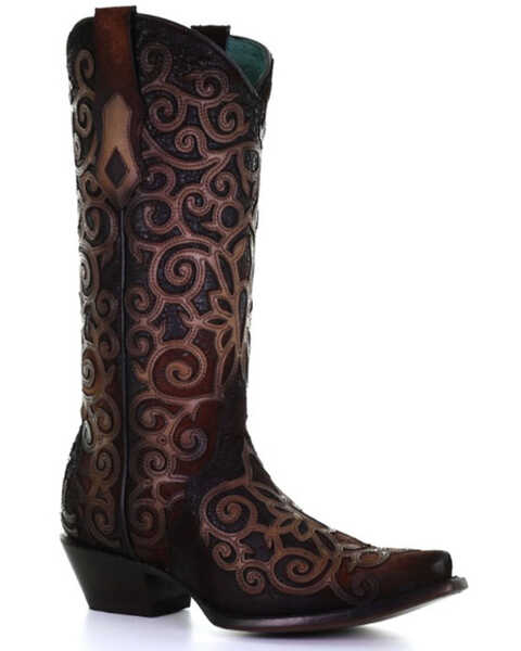 Image #1 - Corral Women's Leather Overlay & Embroidery Western Boots - Snip Toe, Chocolate, hi-res