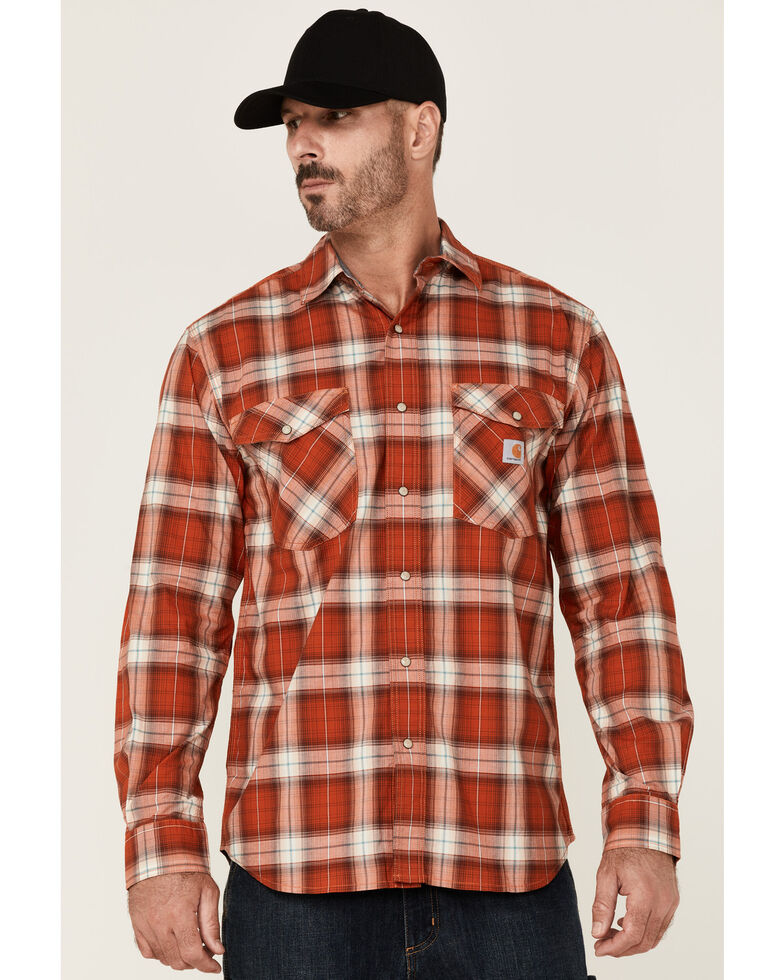 Carhartt Men's Jasper Red Plaid Lightweight Long Sleeve Snap Western Shirt - Tall , Red, hi-res