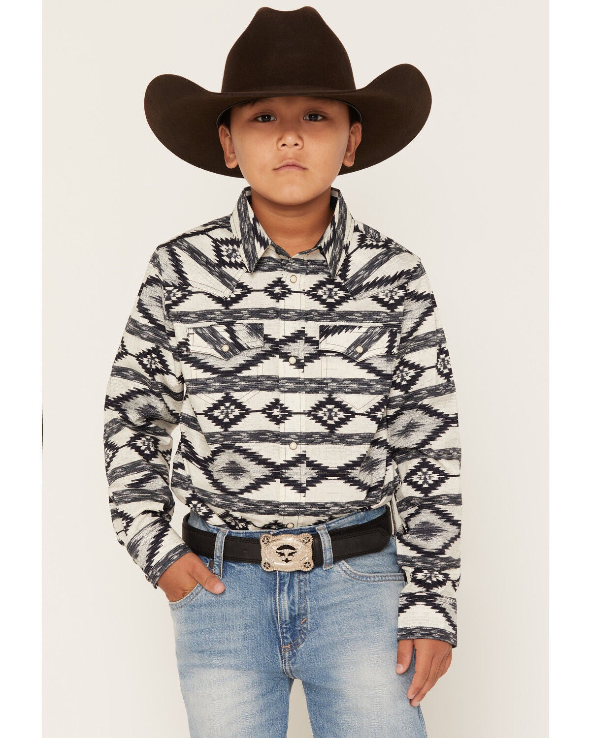 Cody James Boys' Tiki Room Southwestern Striped Long Sleeve Snap Stretch Western Shirt, Blue, hi-res