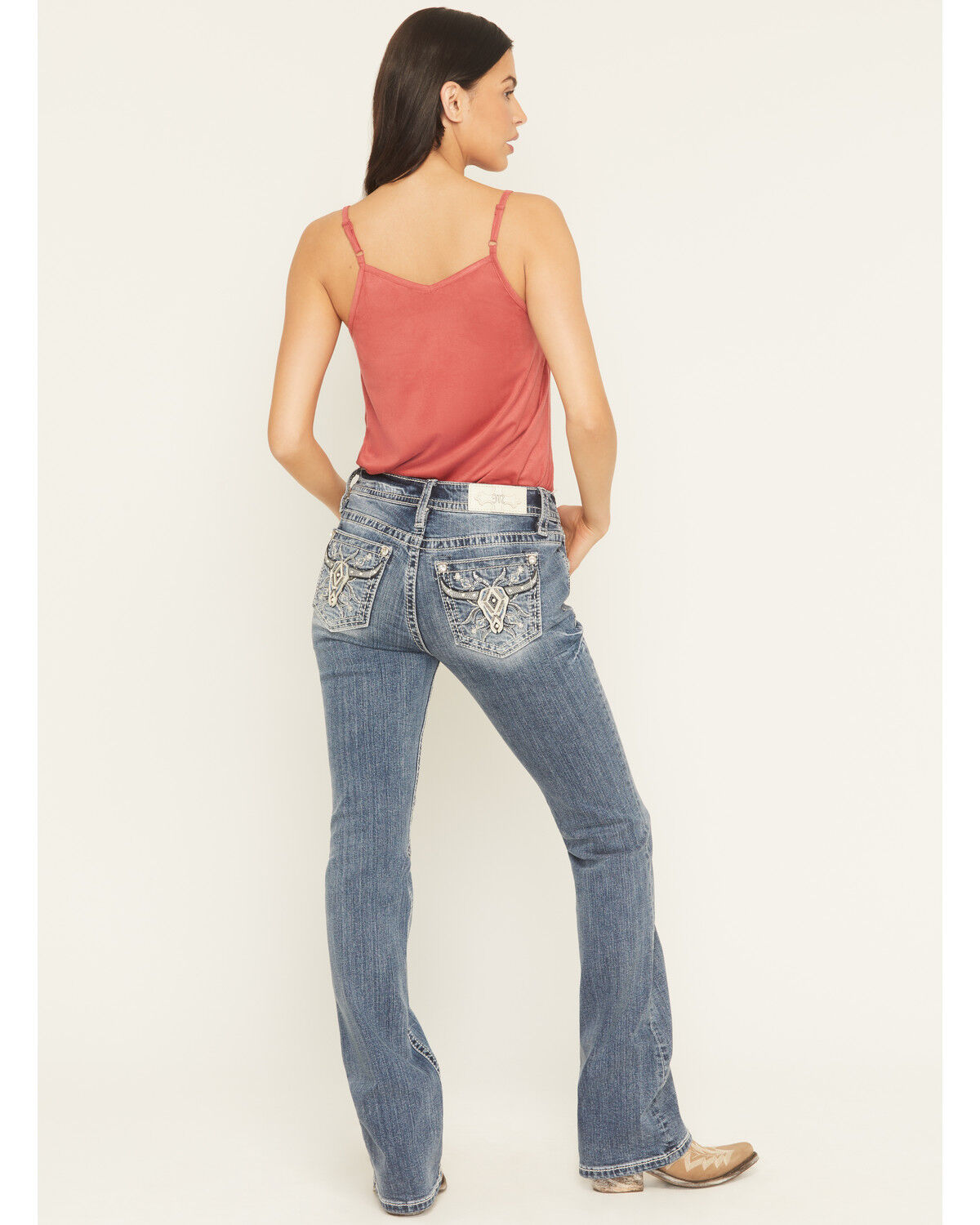 Image #1 - Miss Me Women's Medium Wash Mid Rise Cow Skull Pocket Bootcut Stretch Denim Jeans, Medium Wash, hi-res