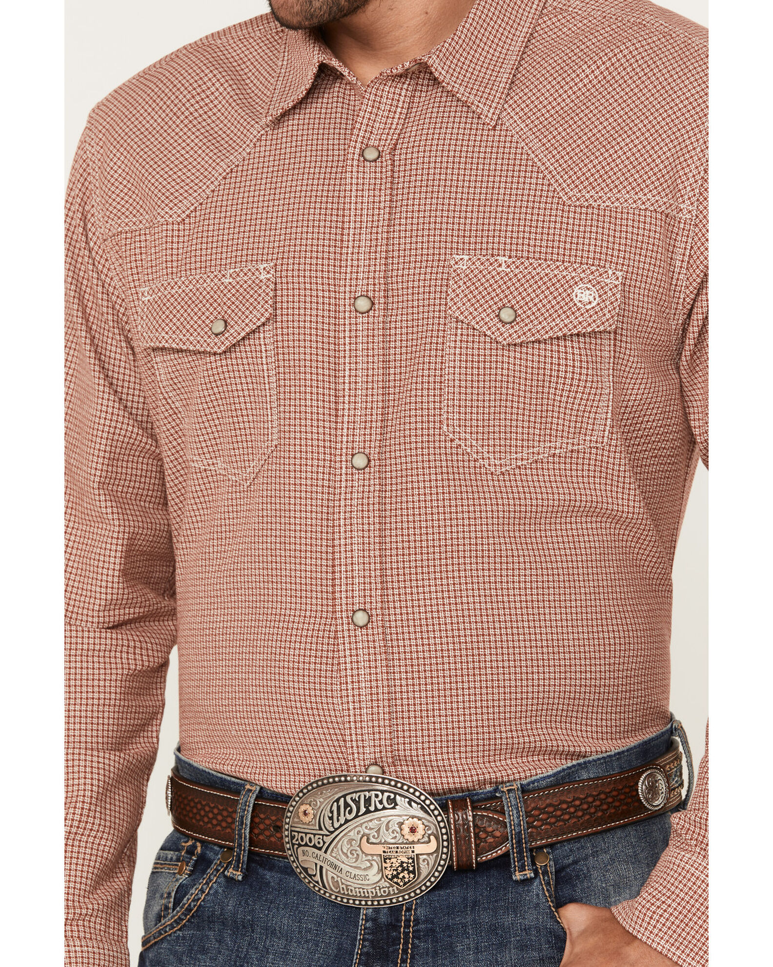 Image #3 - Blue Ranchwear Men's Plaid Print Long Sleeve Western Pearl Snap Shirt, Fired Brick, hi-res
