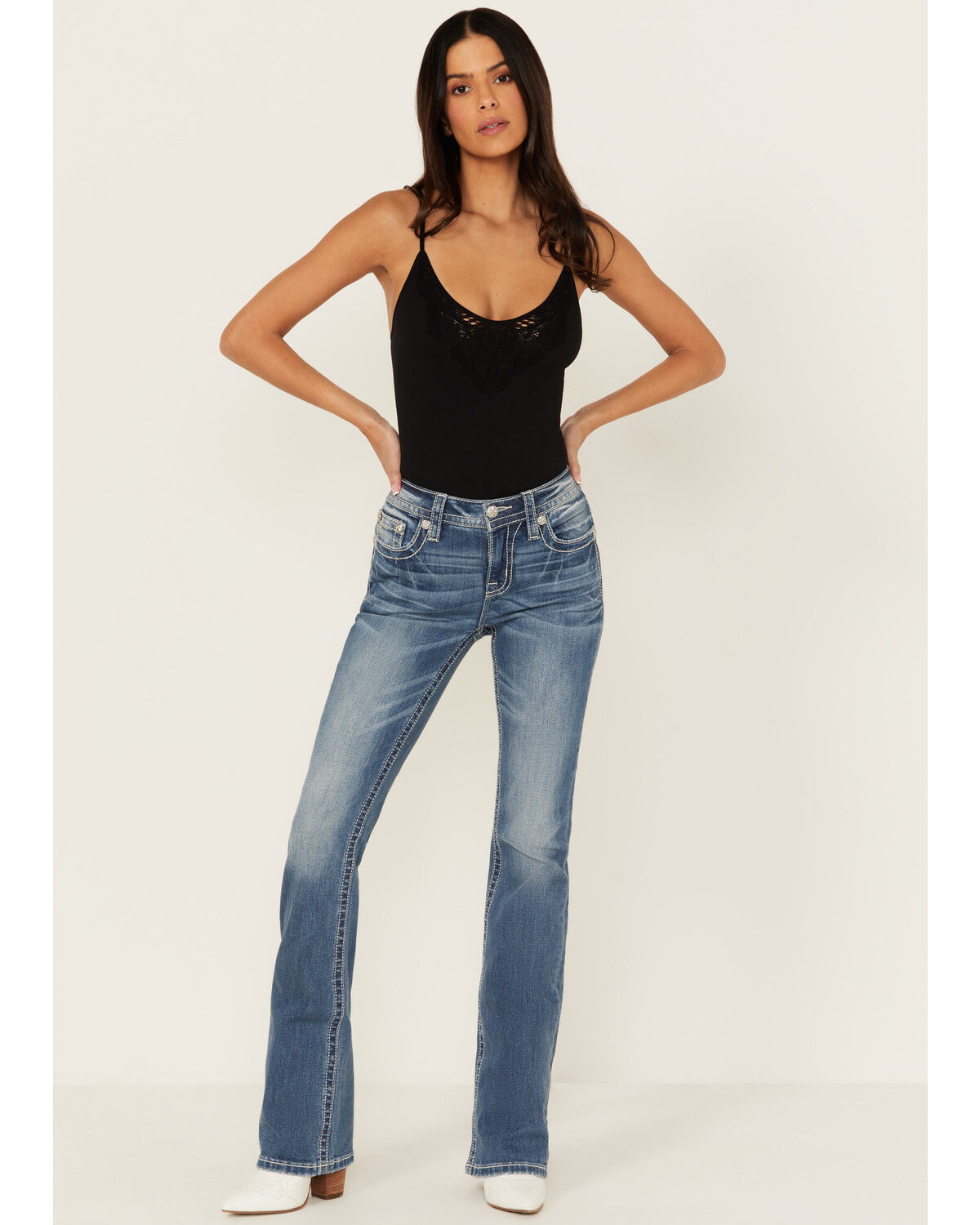 Image #3 - Miss Me Women's Medium Wash Mid Rise Floral Pocket Bootcut Stretch Denim Jeans, Medium Wash, hi-res