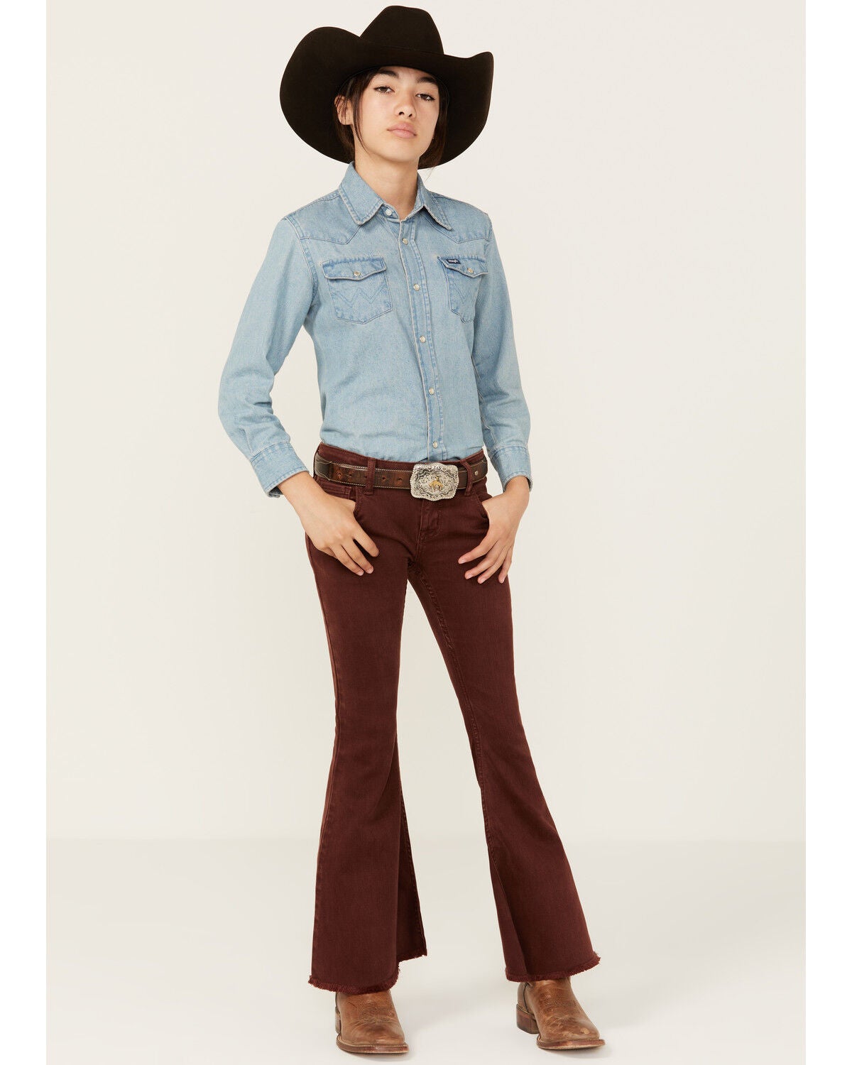 Shyanne Girls' Pull-on Stretch Flare Jeans, Mahogany, hi-res