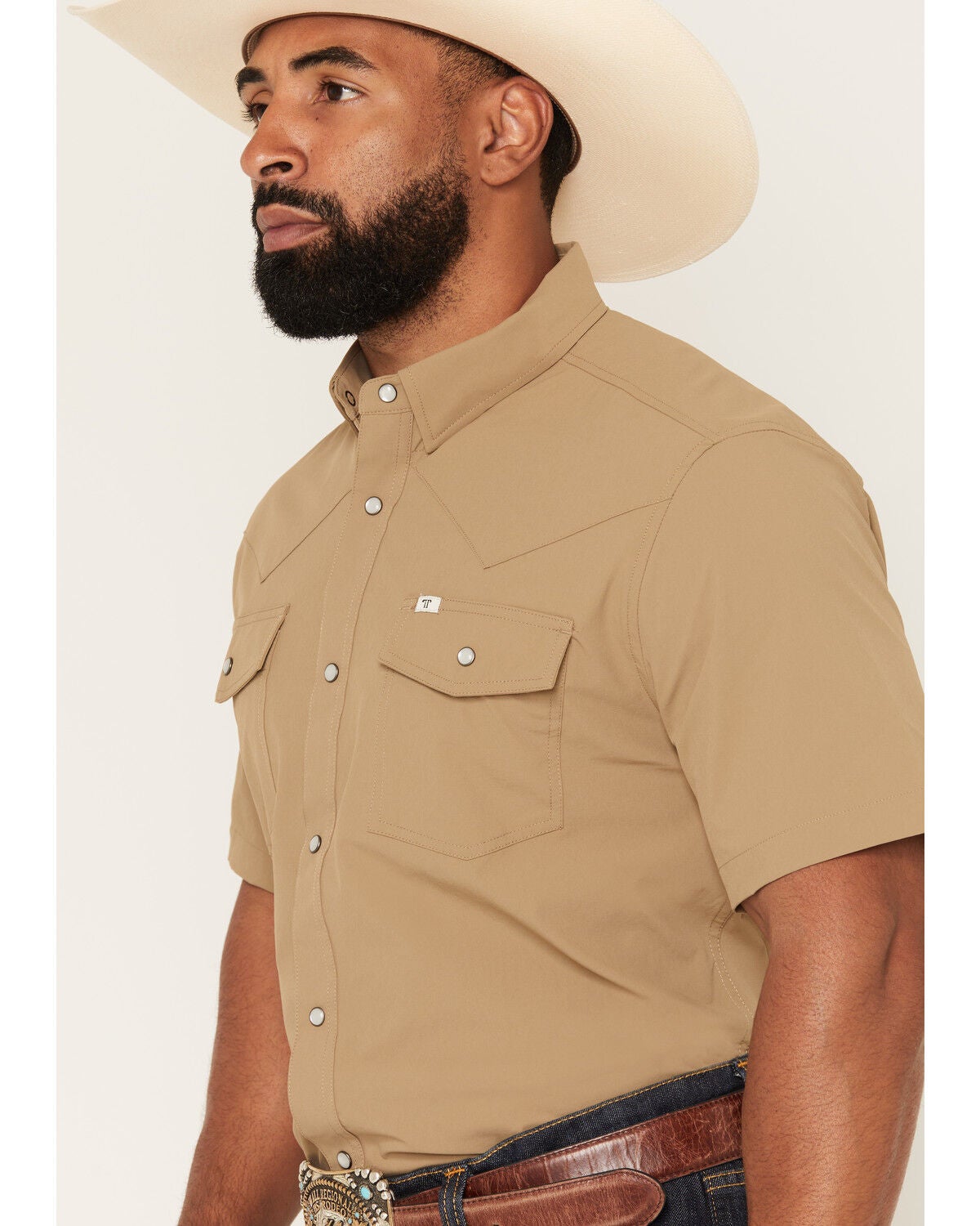 Image #2 - Ferrell Men's Tek Solid Short Sleeve Pearl Snap Stretch Performance Western Shirt, Khaki, hi-res