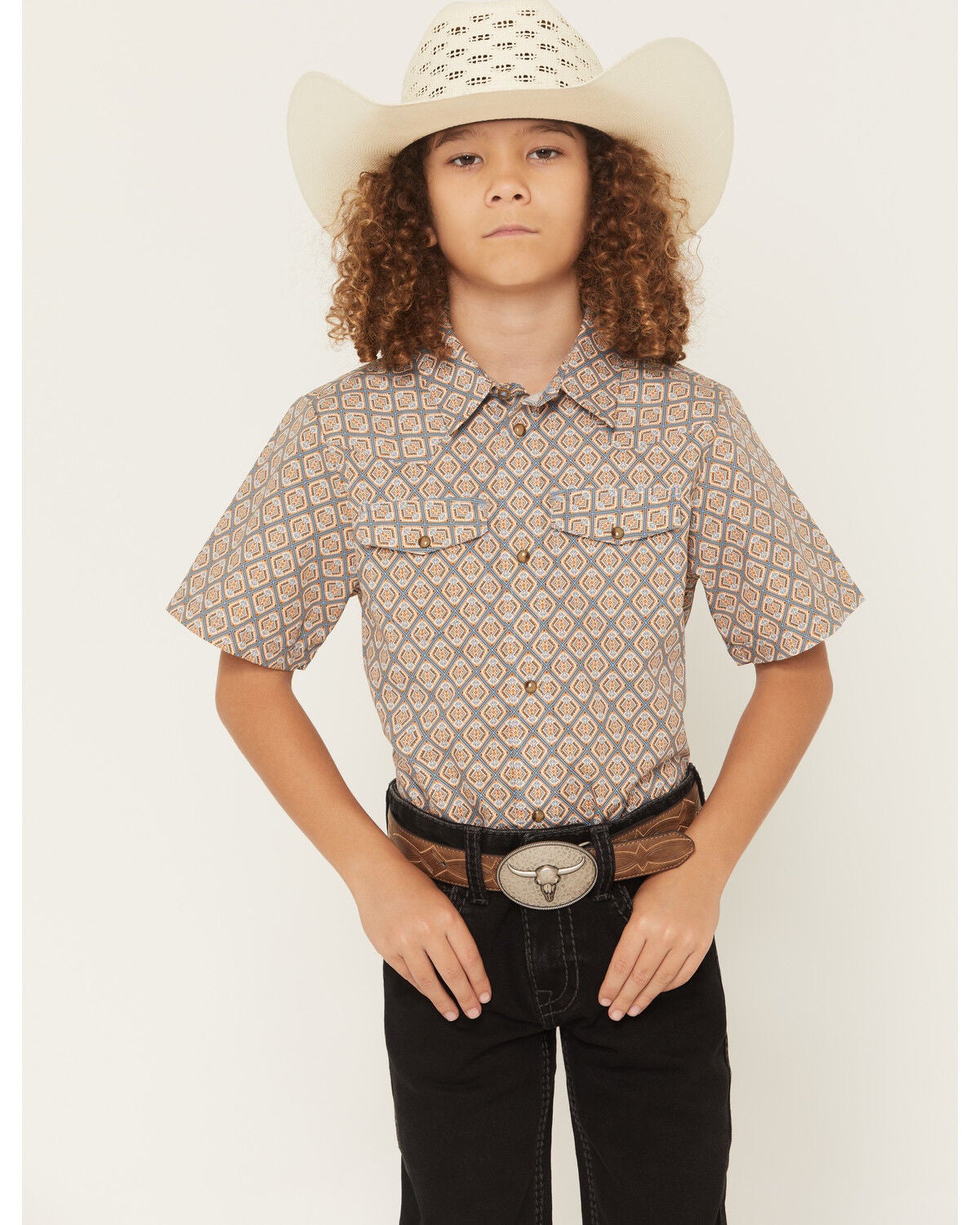 Image #1 - Gibson Trading Co Boys' Floyd Geo Print Short Sleeve Snap Western Shirt, Blue, hi-res