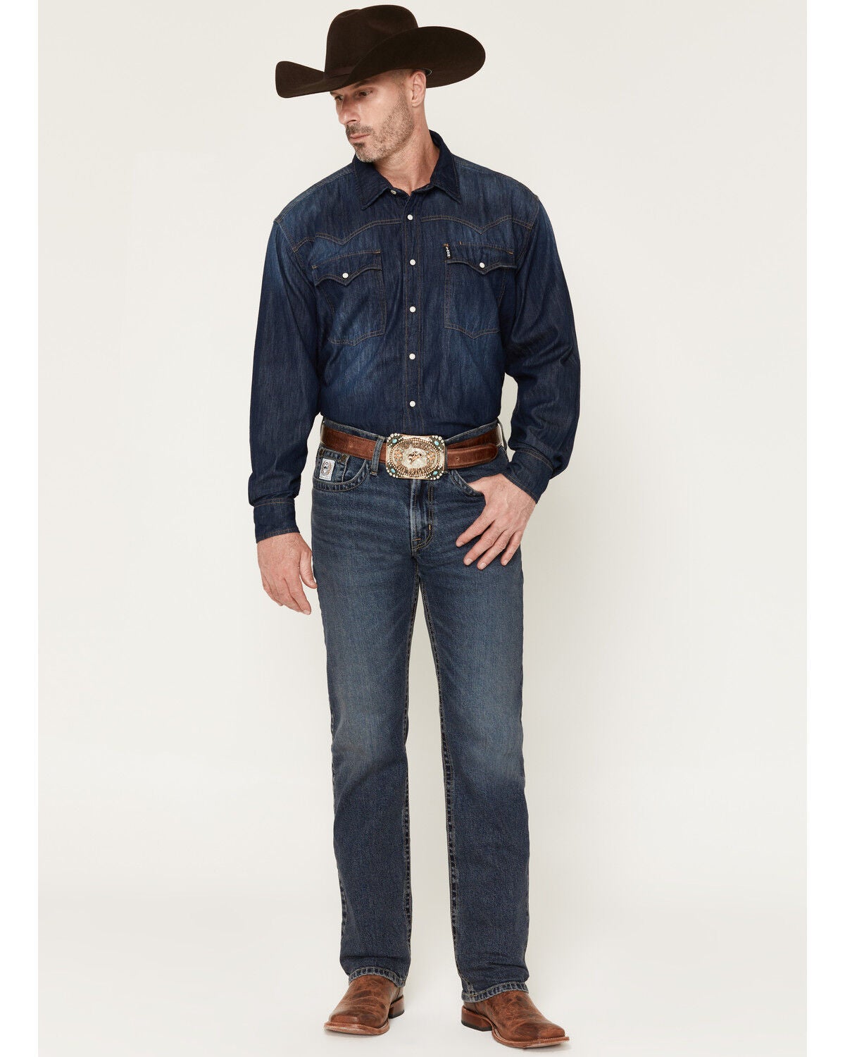 Image #1 - Cinch Men's White Label Dark Stonewash Relaxed Straight Performance Stretch Denim Jeans, Dark Wash, hi-res