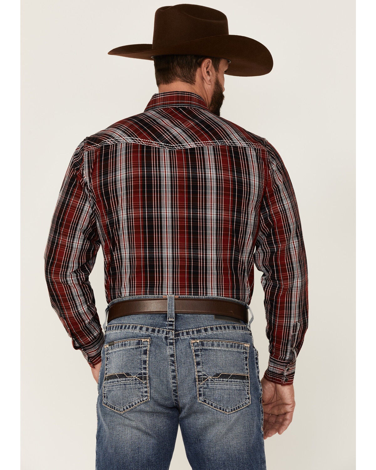 Image #4 - Cowboy Hardware Men's Multi Plaid Print Long Sleeve Snap Western Shirt, Red, hi-res