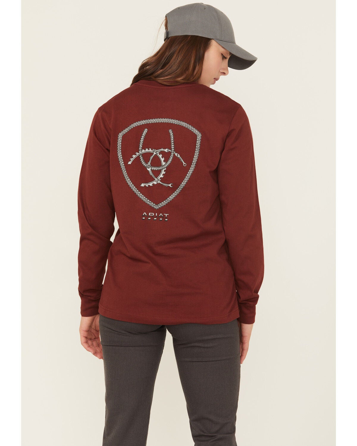 Ariat Women's Rebar Cotton Strong Workshop Logo Long Sleeve Graphic Tee, Brown, hi-res