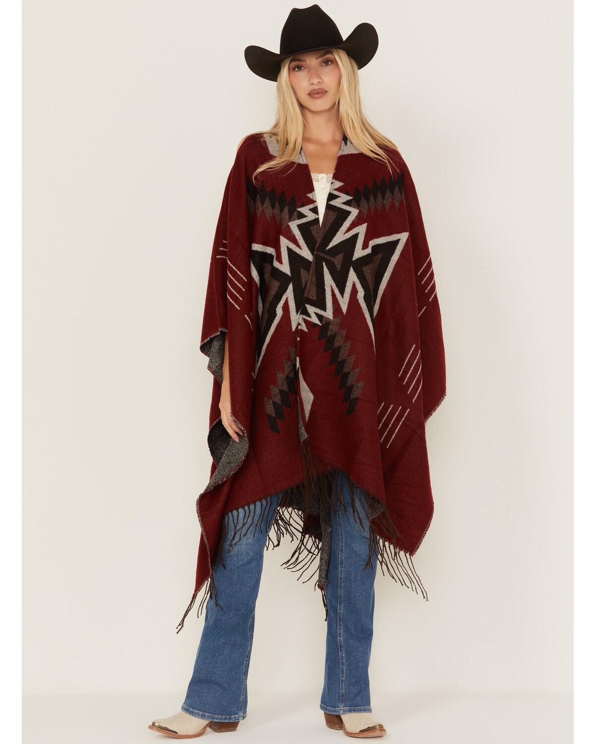 Idyllwind Women's McDowell Southwestern Print Fringe Shawl, Wine, hi-res