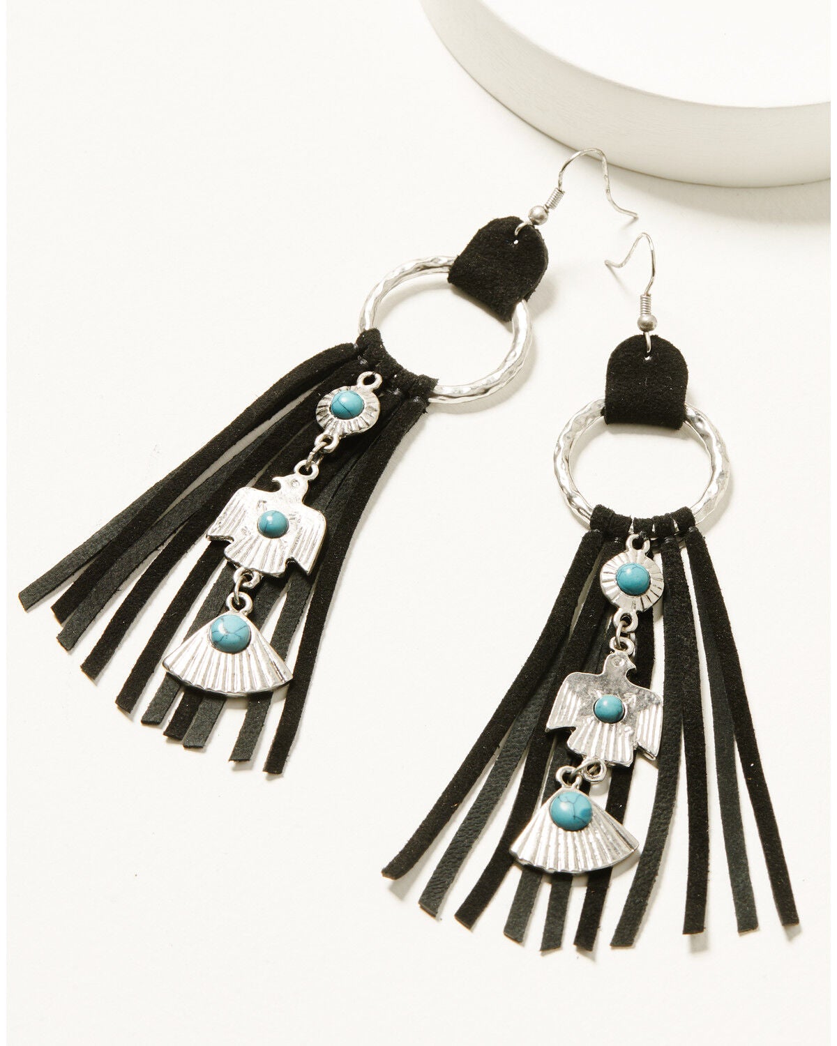 Idyllwind Women's Garland Thunderbird Leather Fringe Earrings, Black, hi-res