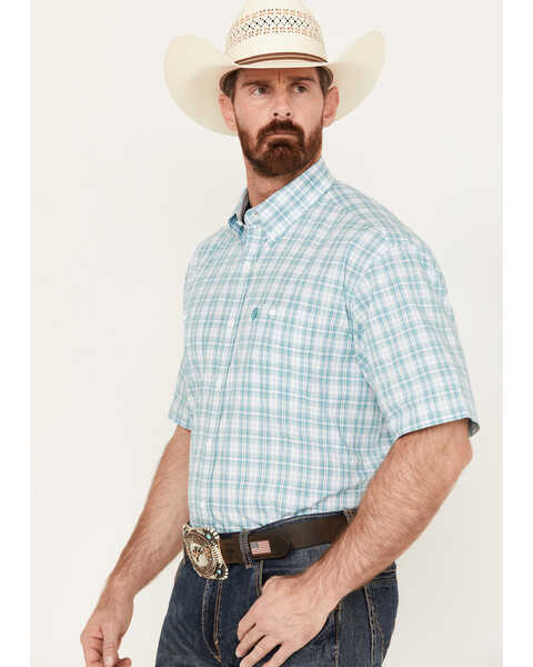 Image #2 - George Strait by Wrangler Men's Plaid Print Short Sleeve Button-Down Western Shirt, Aqua, hi-res